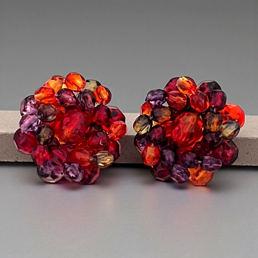 Vintage 1980s Joan Rivers Earrings Multi Colored Glass Beaded Cluster Clip On 4Z